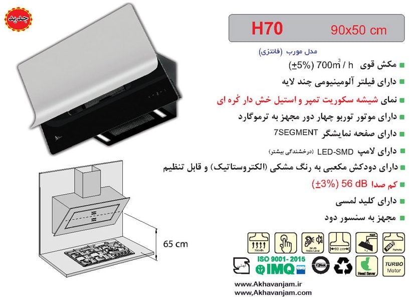 مشخصات هود آشپزخانه اخوان مدل H70 مورب شیشه سکوریت استیل ضد خش کره ای ابعاد 50*90 CM 